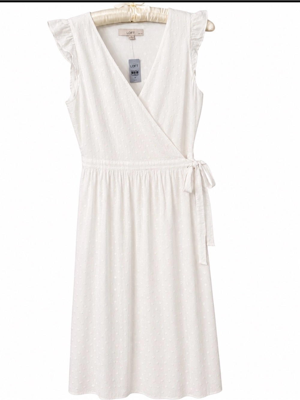 LOFT Petite Swiss Dot Wrap Midi Dress Ivory Cotton Flutter Sleeve MP NWT